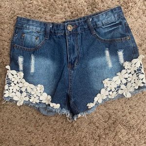 Jean High Waisted Shorts with Flowers and Pearl Accents